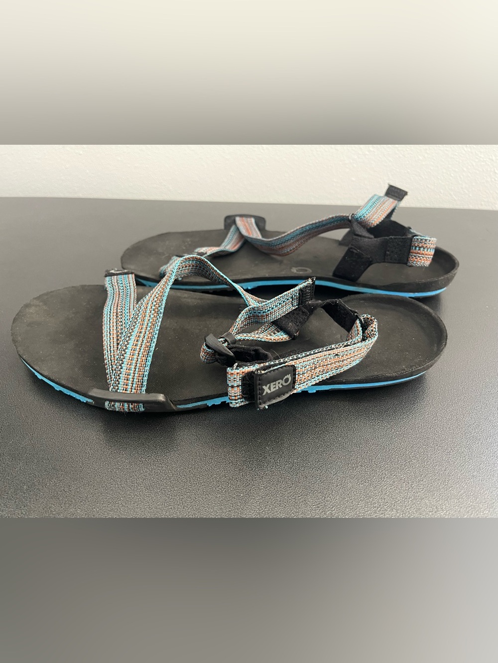 Xero Men’s Z-Trail Minimalist EV Sandals in Black with Blue & Tan Straps